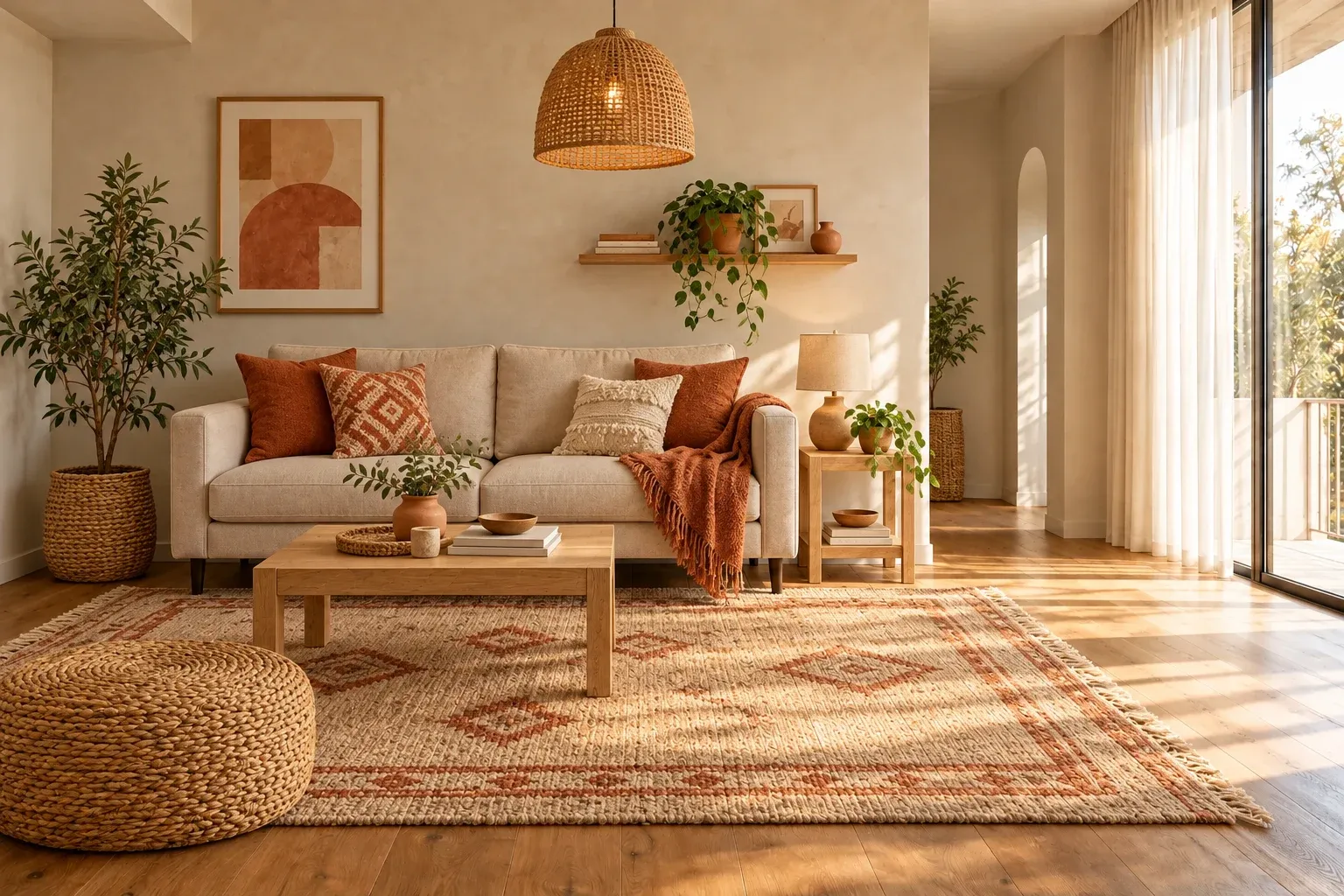 The same living room furnished in Bohemian style