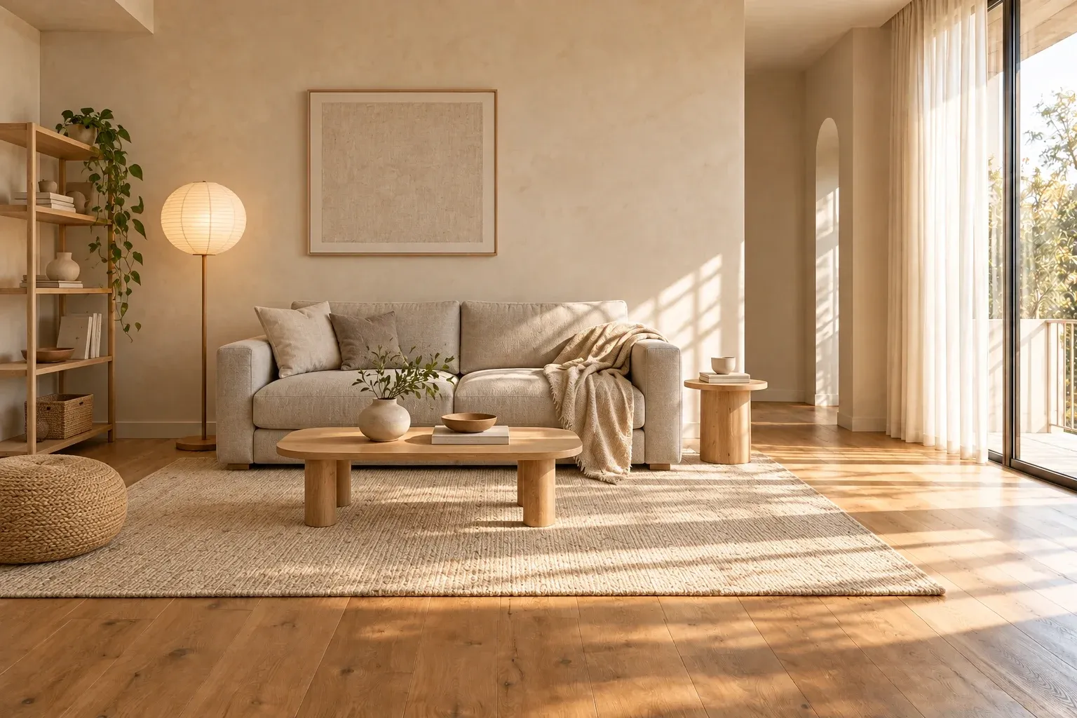 The same living room furnished in Japandi style